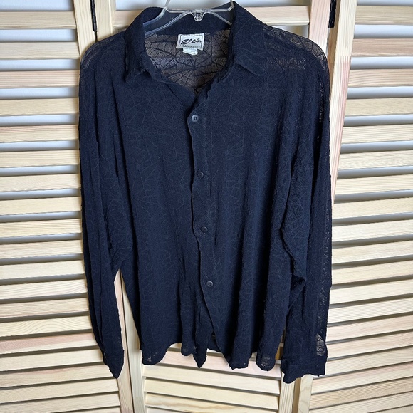 VINTAGE Elee Sheer Stretch Spider Web Print Button Front Shirt, Black | Sz XL - Picture 1 of 8